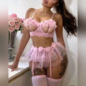 Chic Pink Lace Bra and Garter Set